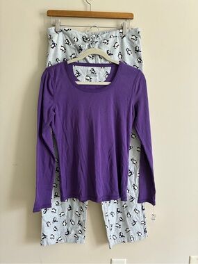 Talbots Purple Long-Sleeve Top with White Penguin Print Pajama Set